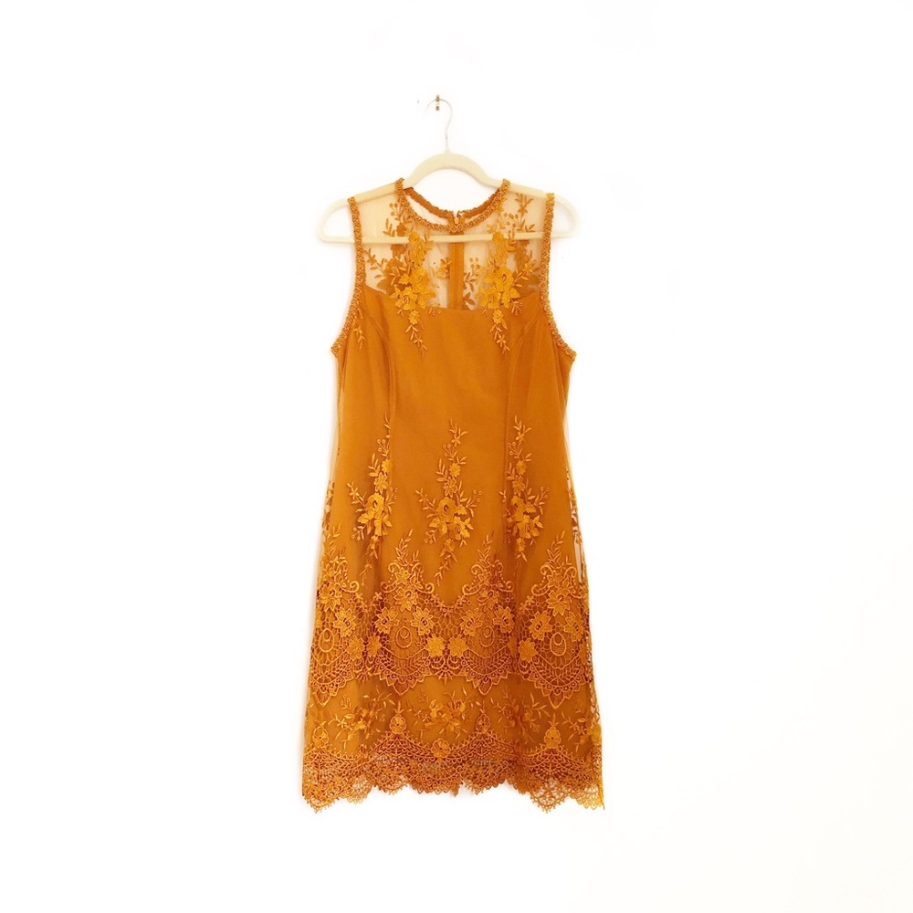 Nanette Lepore Goldenrod Shift Dress with Lace Overlay